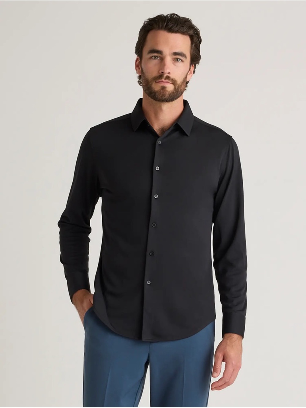 Quince Black Commuter Stretch Pique Long Sleeve Button-Up Shirt